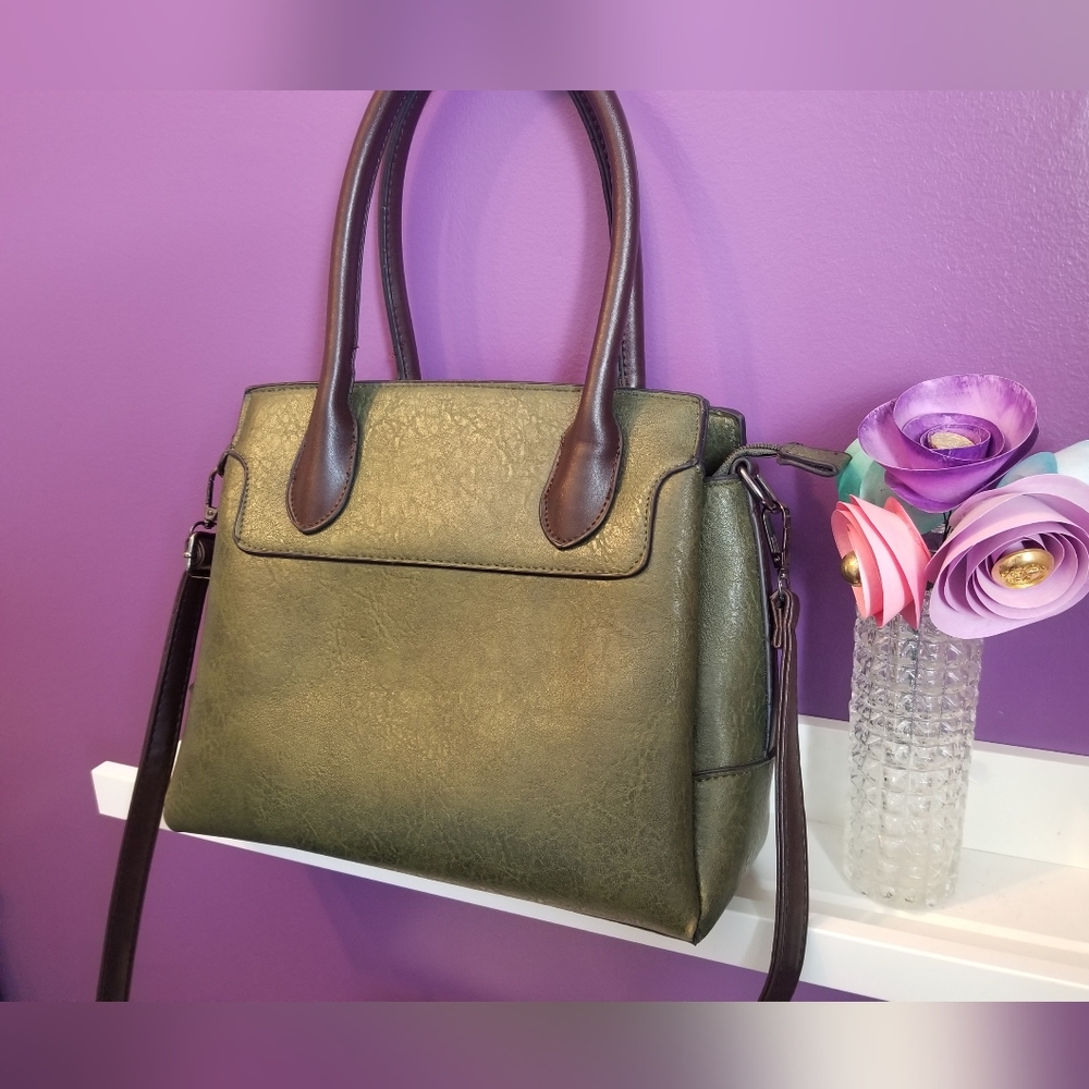 Sage Green Faux Leather Satchel w/ Brown Handle and Crossbody Strap